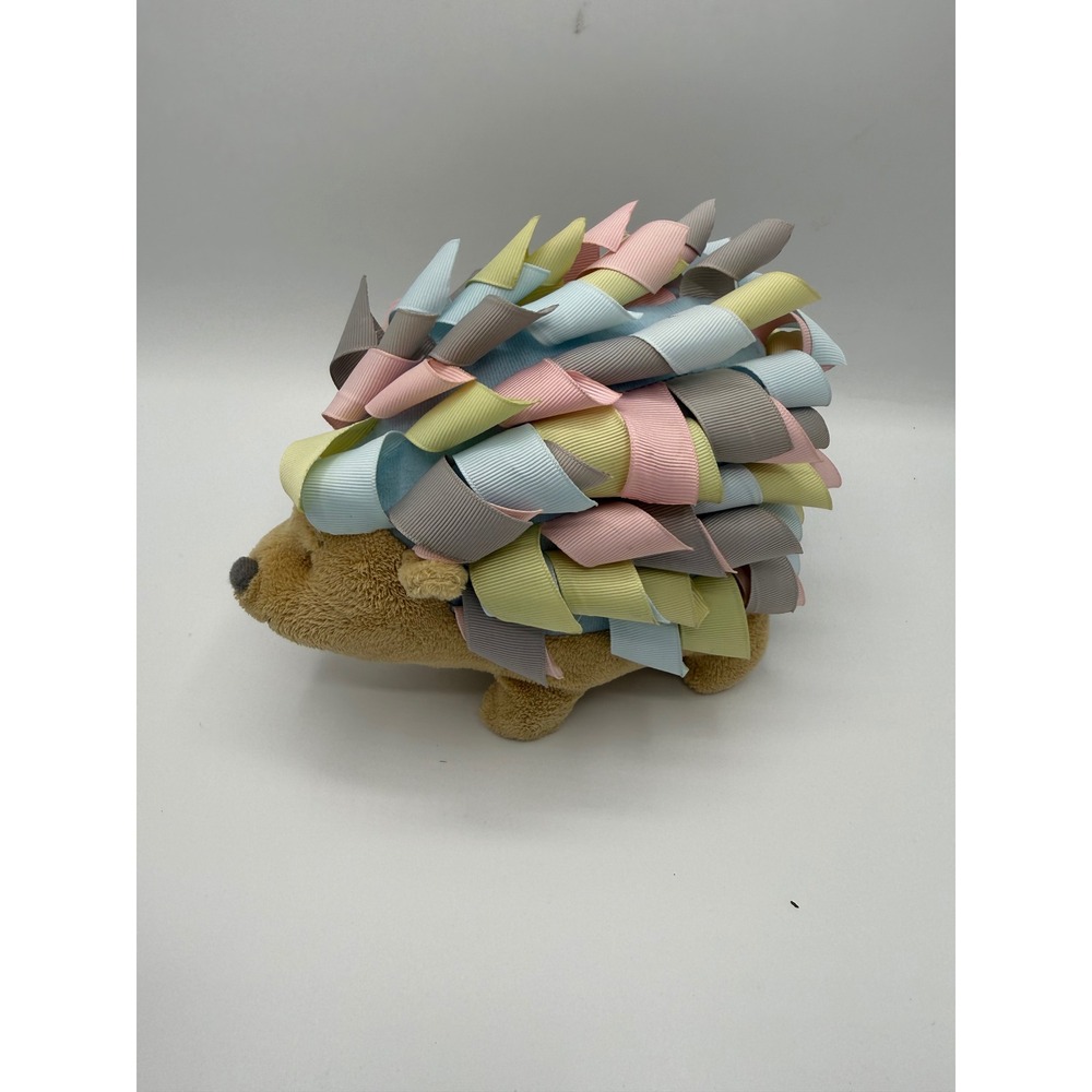 Baby Ganz Hedgehog Plush Rattle Pastel Ribbon Loops Sensory Toy Tan Multi Color